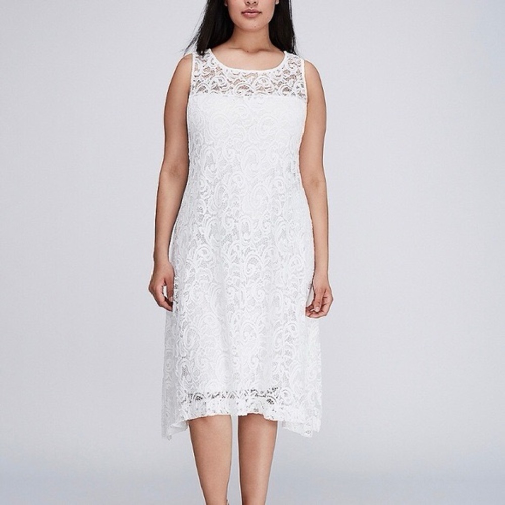 Lane Bryant White Lace Dress Asymmetrical Hem Knee Length, SZ 18/20